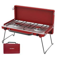 CAMPLUX Safari 2-Burner Stove setup for outdoor cooking with two independent heat zones