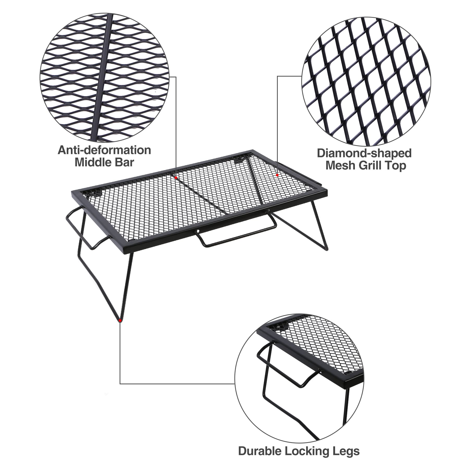 CAMPMAX adjustable-height grill supports different pots with two leg options.