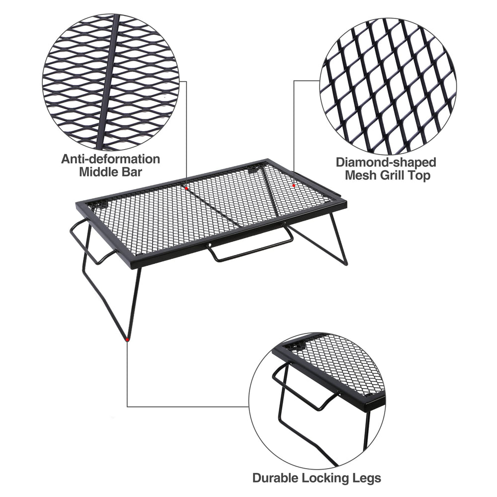 CAMPMAX adjustable-height grill supports different pots with two leg options.