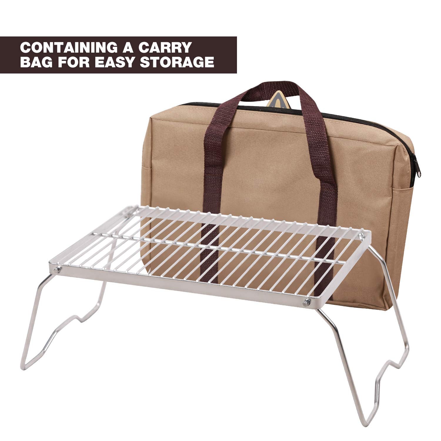 CAMPMAX Campfire Grill folded compact for storage and portability.