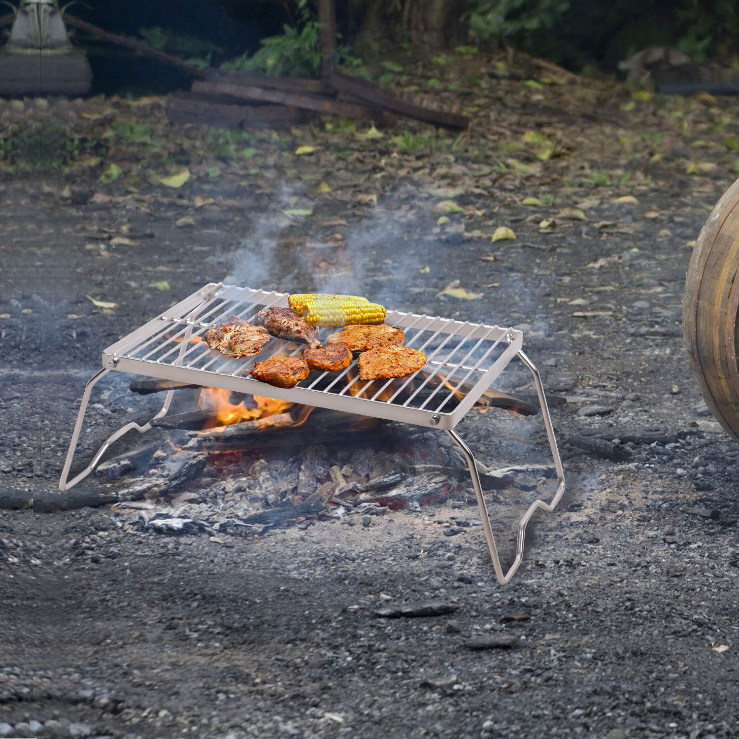 CAMPMAX Campfire Grill folded legs save space for transport.