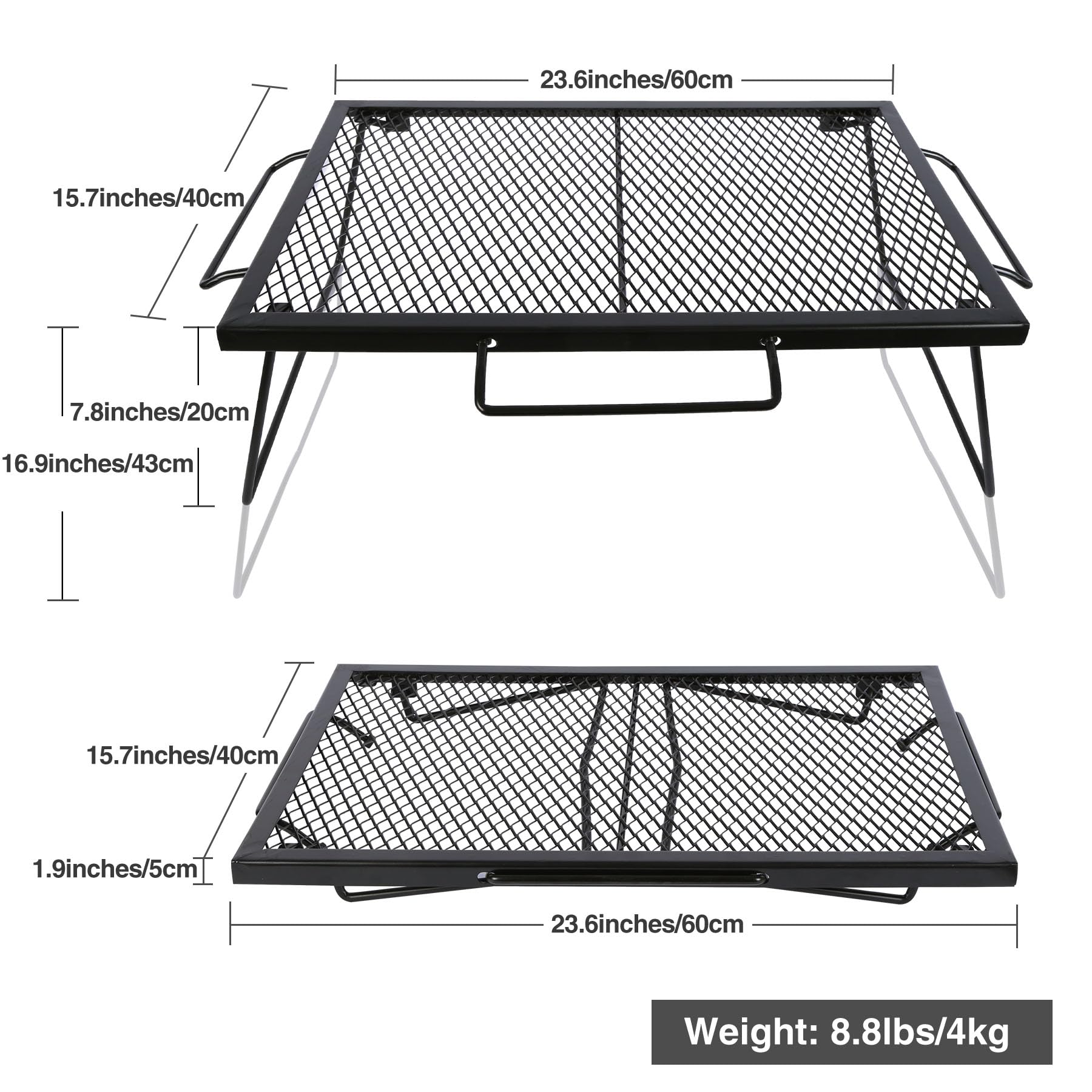 CAMPMAX folding campfire grill grate – folded compact for easy transport.