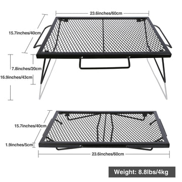 CAMPMAX folding campfire grill grate – folded compact for easy transport.