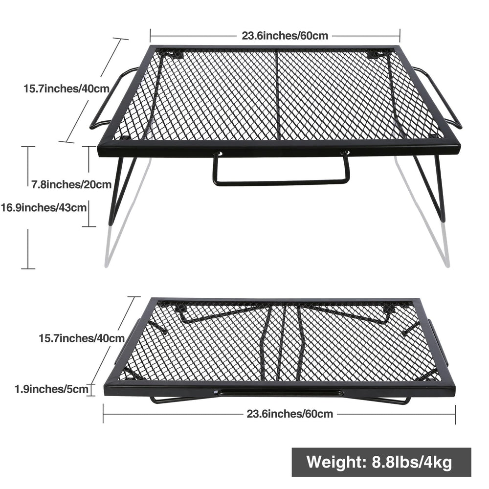 CAMPMAX folding campfire grill grate – folded compact for easy transport.