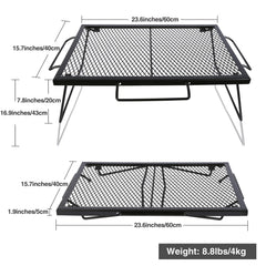 CAMPMAX folding campfire grill grate – folded compact for easy transport.