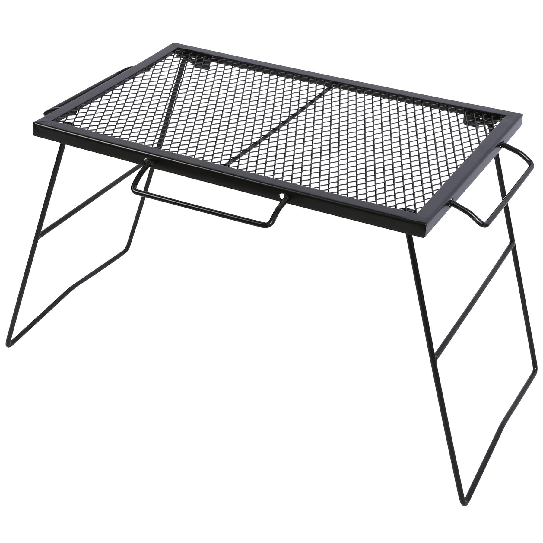CAMPMAX folding campfire grill grate – open setup for versatile outdoor cooking.