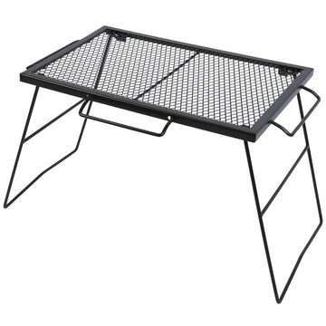 CAMPMAX folding campfire grill grate – open setup for versatile outdoor cooking.
