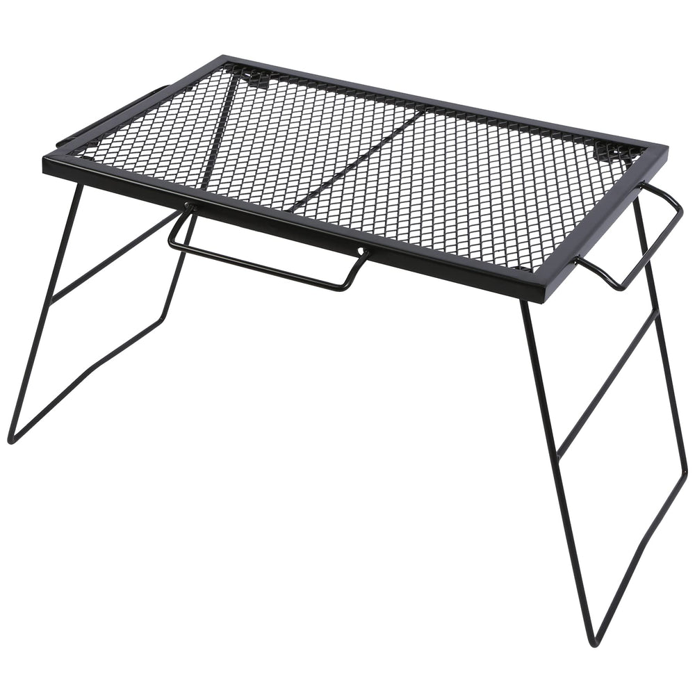 CAMPMAX folding campfire grill grate – open setup for versatile outdoor cooking.