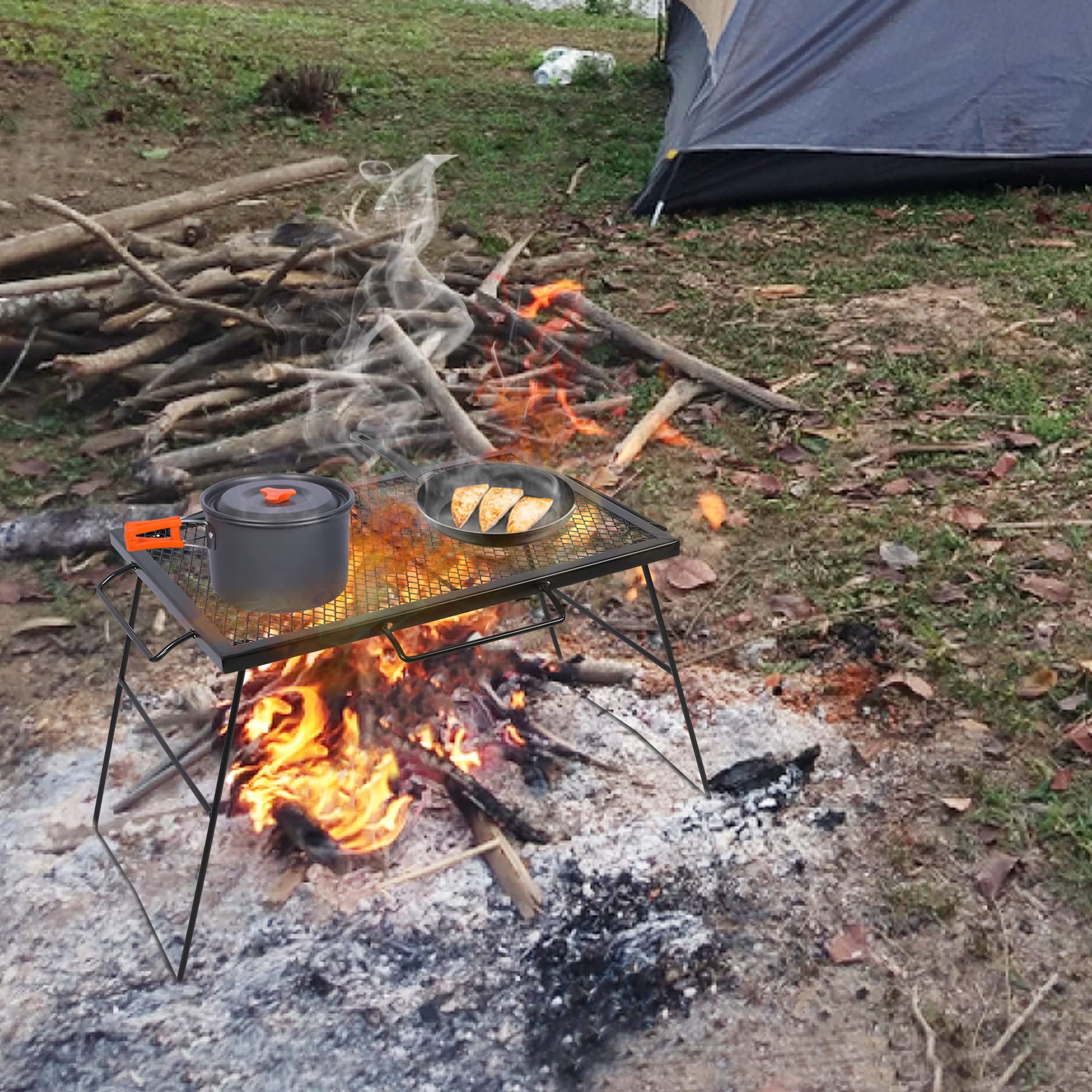 CAMPMAX heavy-duty steel campfire grill top withstands heat during camp meals.