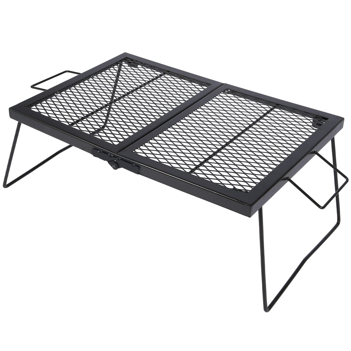 CAMPMAX large folding campfire grill grate assembled over a campfire for even heating