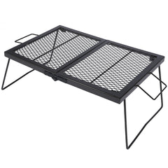 CAMPMAX large folding campfire grill grate assembled over a campfire for even heating
