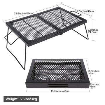CAMPMAX large folding campfire grill grate on a fire pit for quick meals