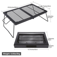 CAMPMAX large folding campfire grill grate on a fire pit for quick meals