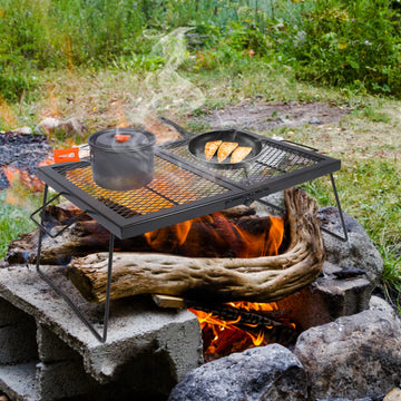 CAMPMAX large folding campfire grill grate fits skillets and pots for versatile cooking