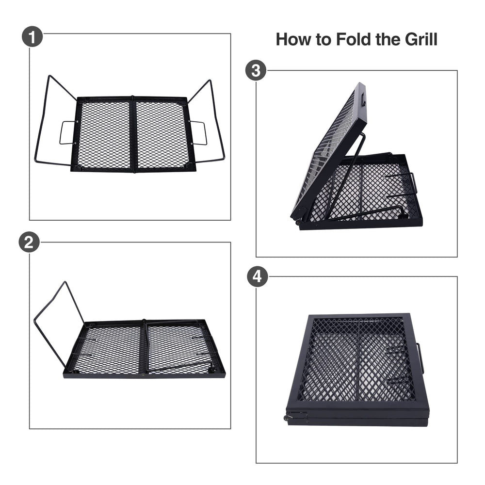 CAMPMAX large folding campfire grill grate with two handles for easy lifting