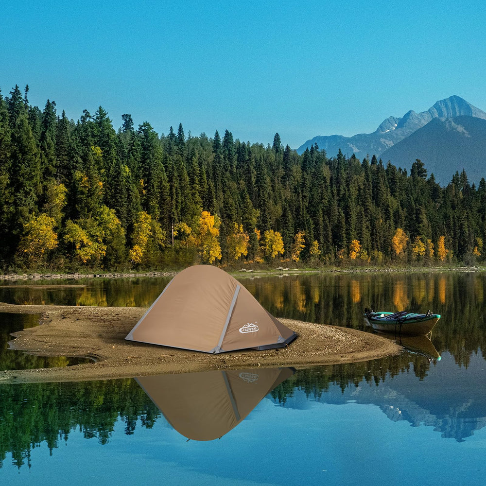 Camppal 1 Person Tent extended-length storage area for gear and clothes.
