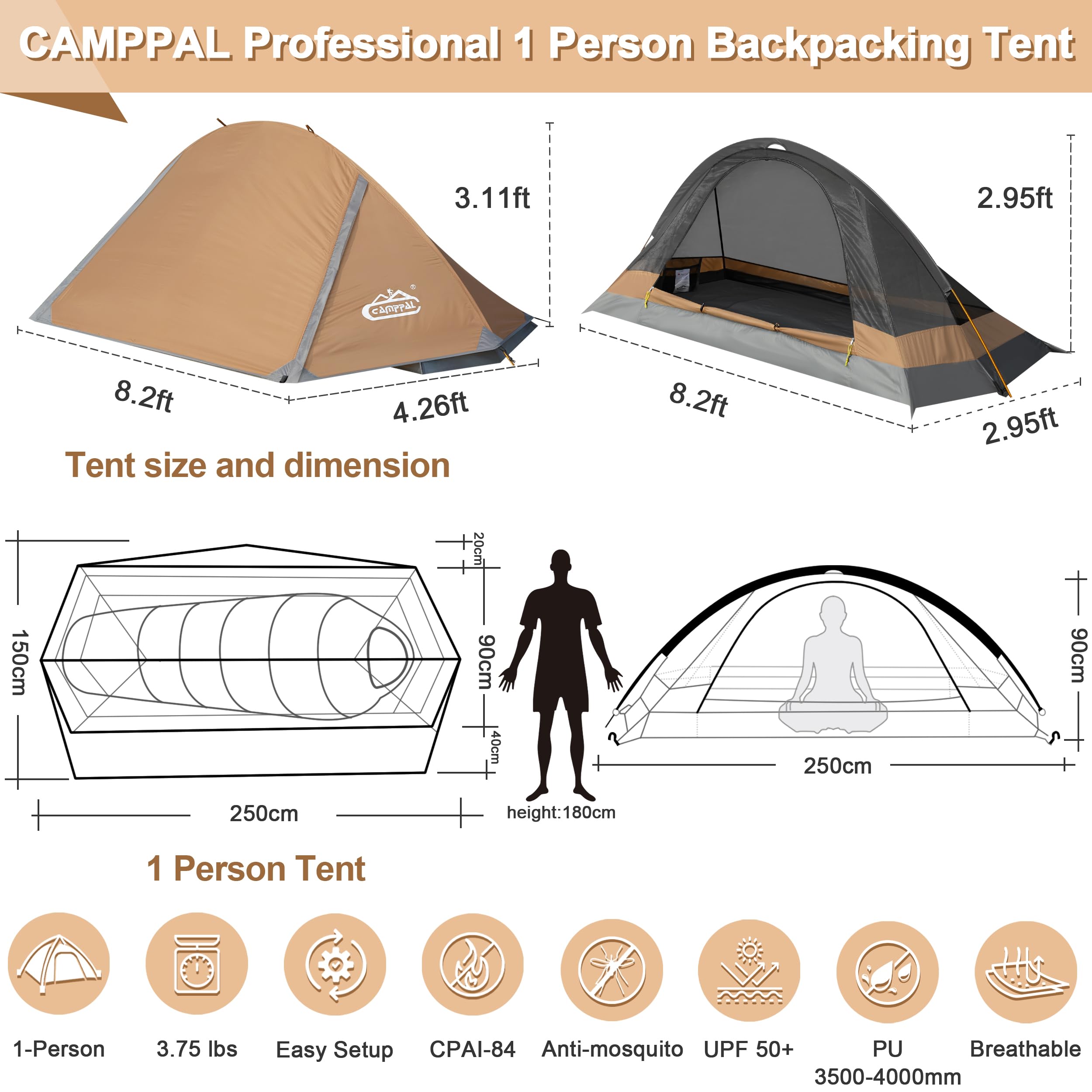 Camppal 1 Person Tent seam-taped zipper underlines waterproof seam protection.