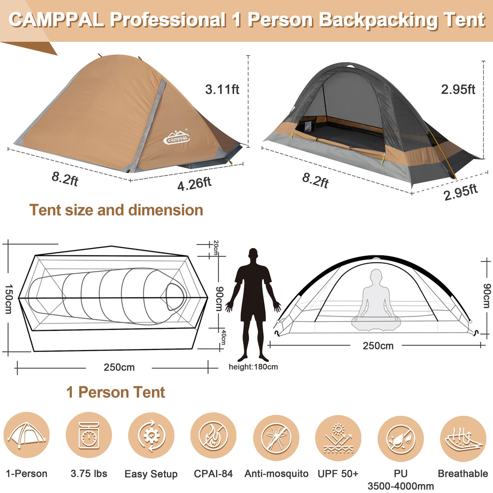 Camppal 1 Person Tent seam-taped zipper underlines waterproof seam protection.