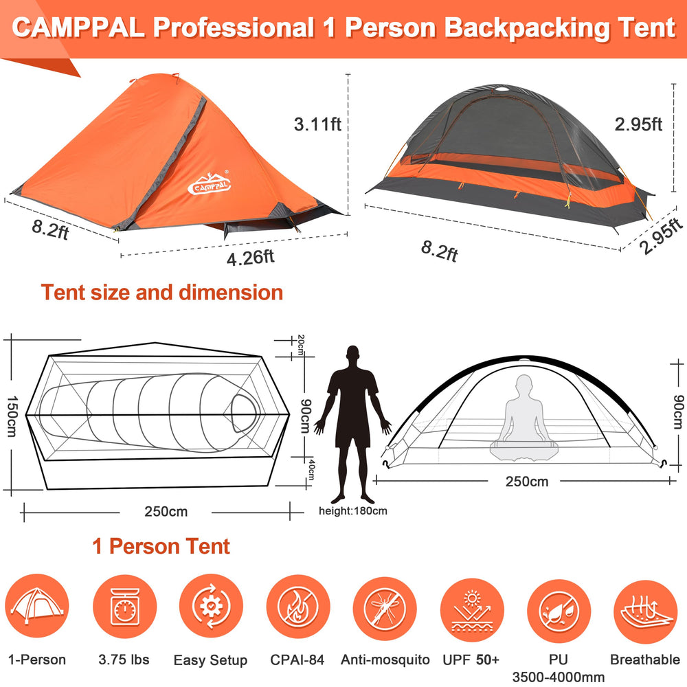 Camppal 1Person tent extended length demonstrating space for gear