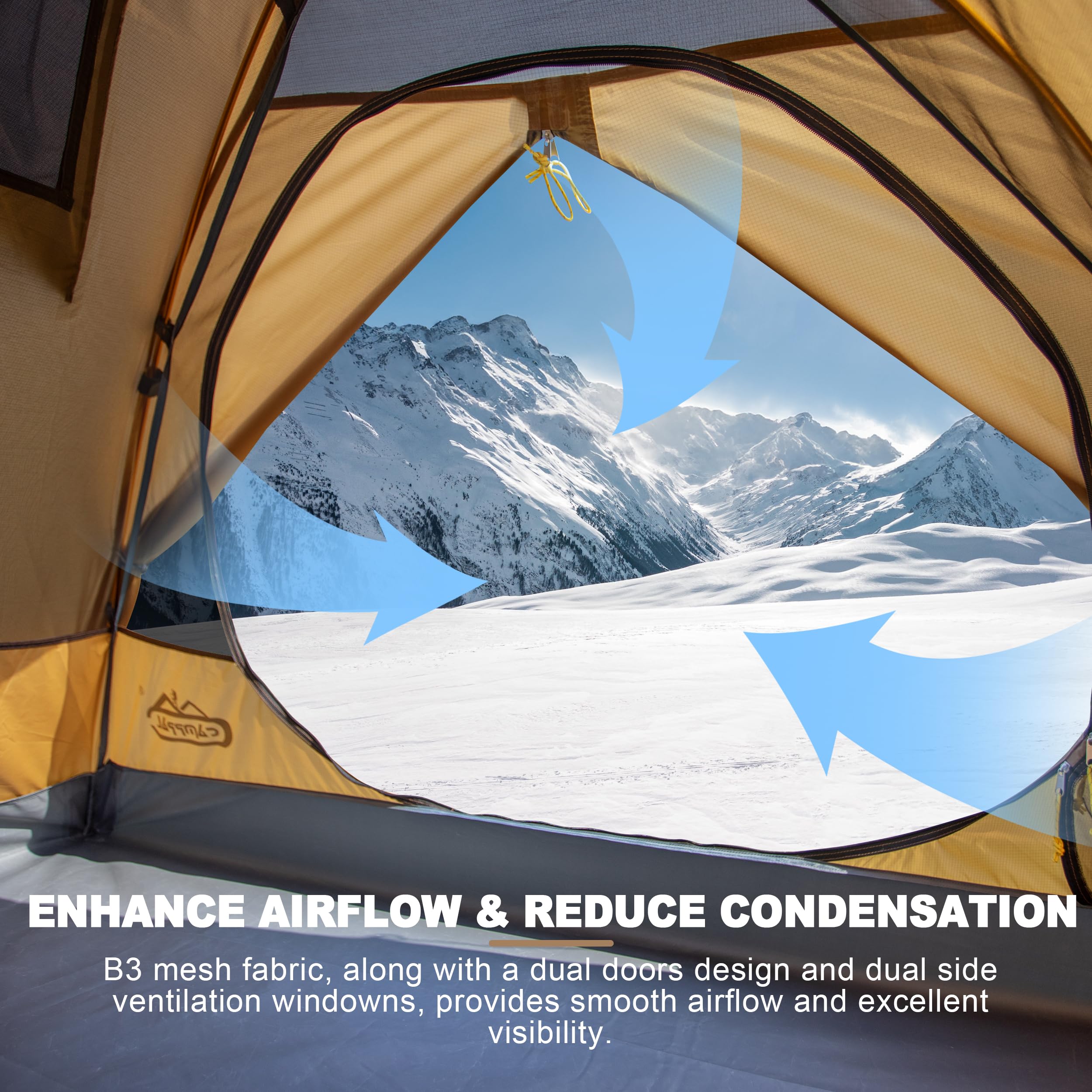 Camppal aluminum-cross poles ensure stable, wind-resistant setup on uneven ground.