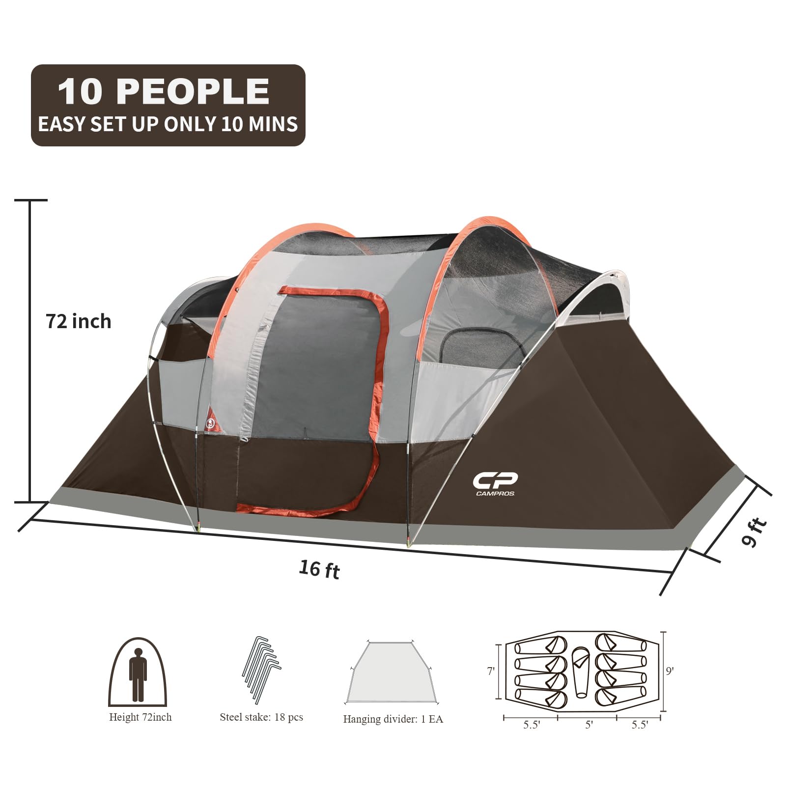 CAMPROS CP 72-inch center height lets campers stand upright comfortably.