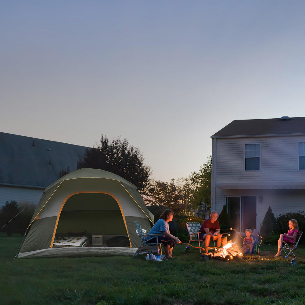 CAMPROS CP 6-person tent fiberglass-poles provide sturdy setup.
