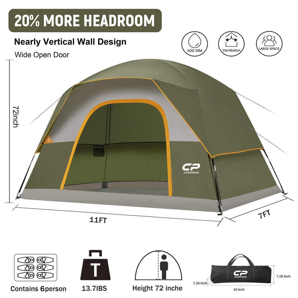 CAMPROS CP 6-person tent quick-setup showing fast two-person assembly.
