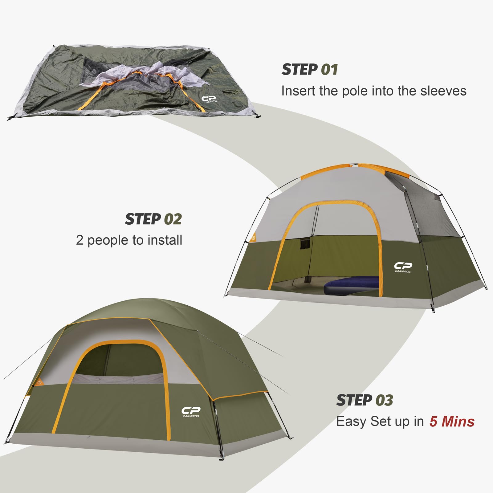 CAMPROS CP 6-person tent waterproof sealed-seams for rain and dew defense.