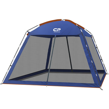 CAMPROS CP screen house front-angled view with blue canopy for outdoor shade and sun protection