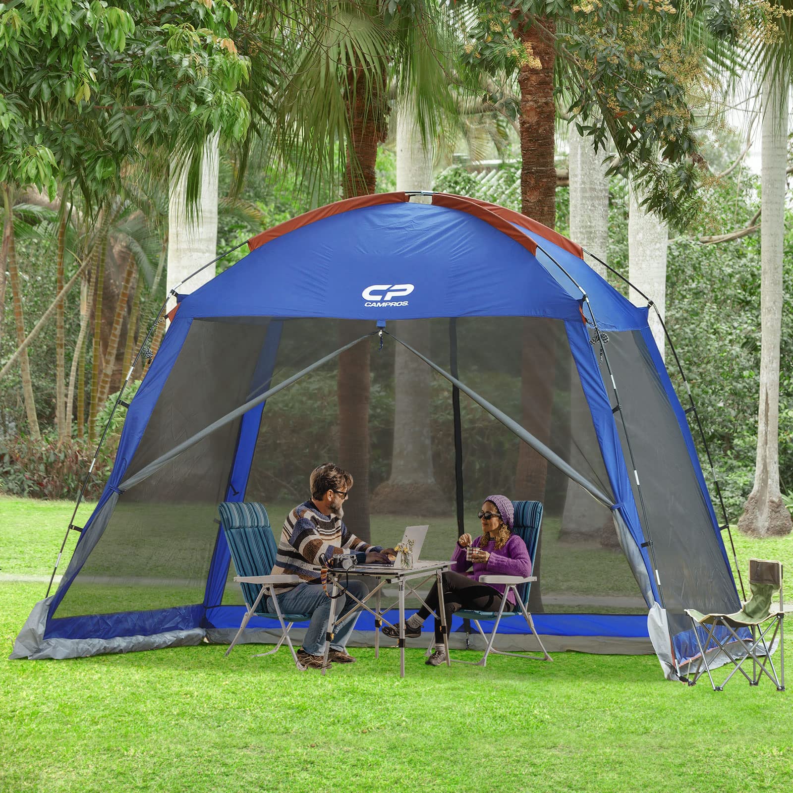 CAMPROS CP screen house setup in patio demonstrating quick 10-minute assembly for gatherings