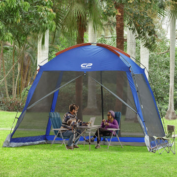 CAMPROS CP screen house setup in patio demonstrating quick 10-minute assembly for gatherings