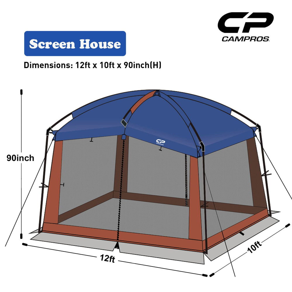 CAMPROS CP screen house blue canopy over patio with mesh walls for bug-free lounging.