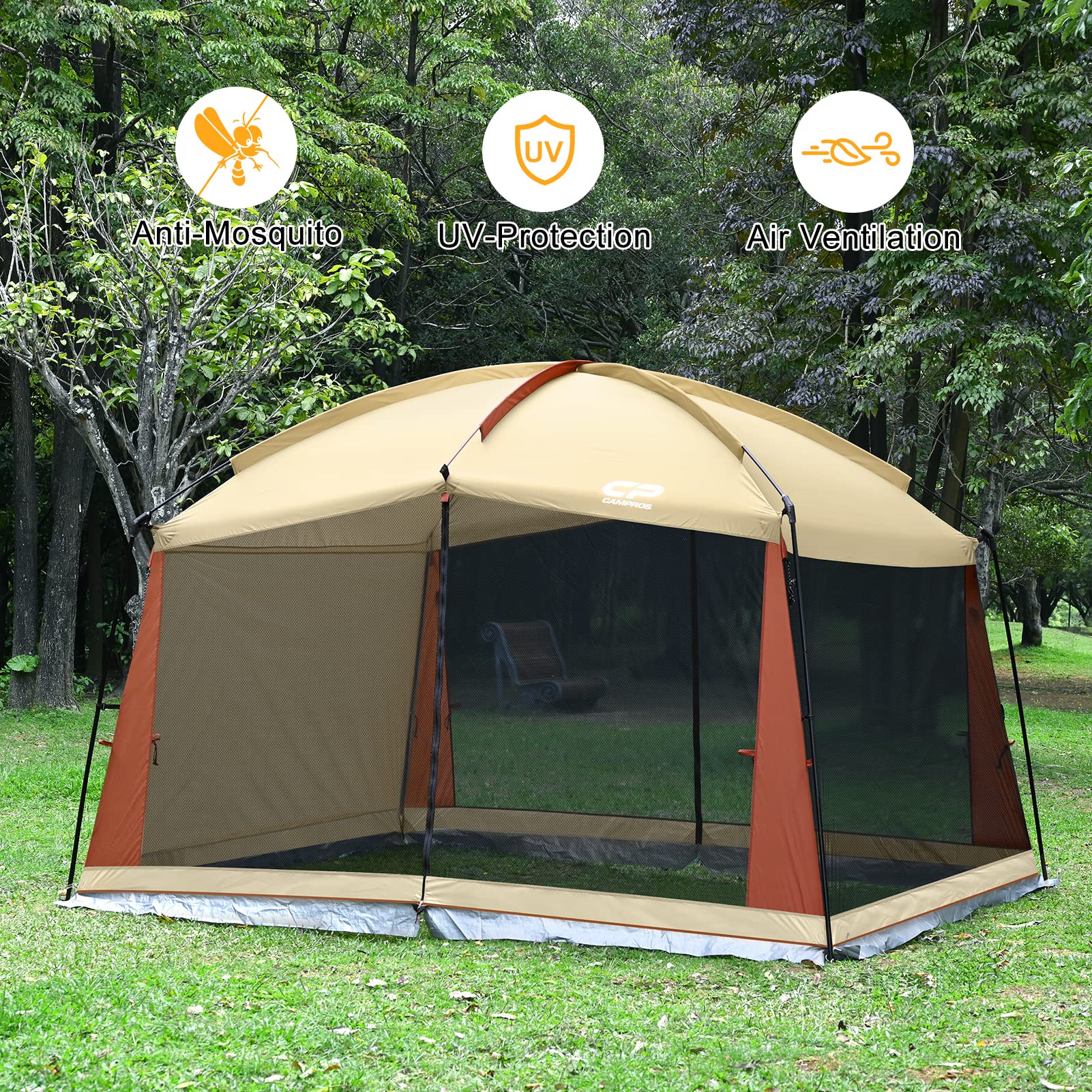 CAMPROS CP screen house carried in a bag with stakes for travel
