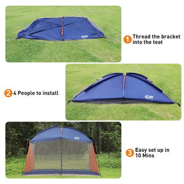 CAMPROS CP screen shelter with carry bag and stakes for easy transport.