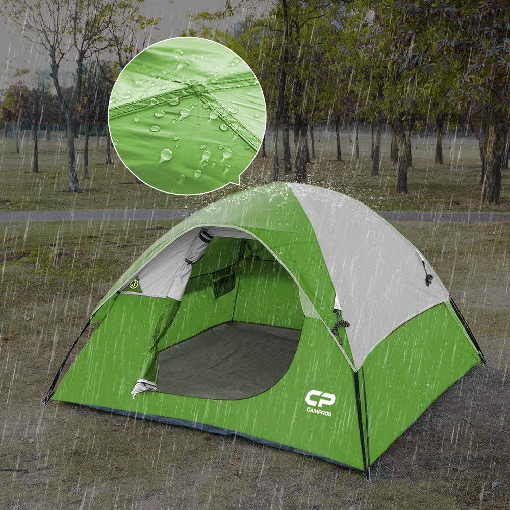 CAMPROS CP tent green two-person setup in minutes for quick shelter.