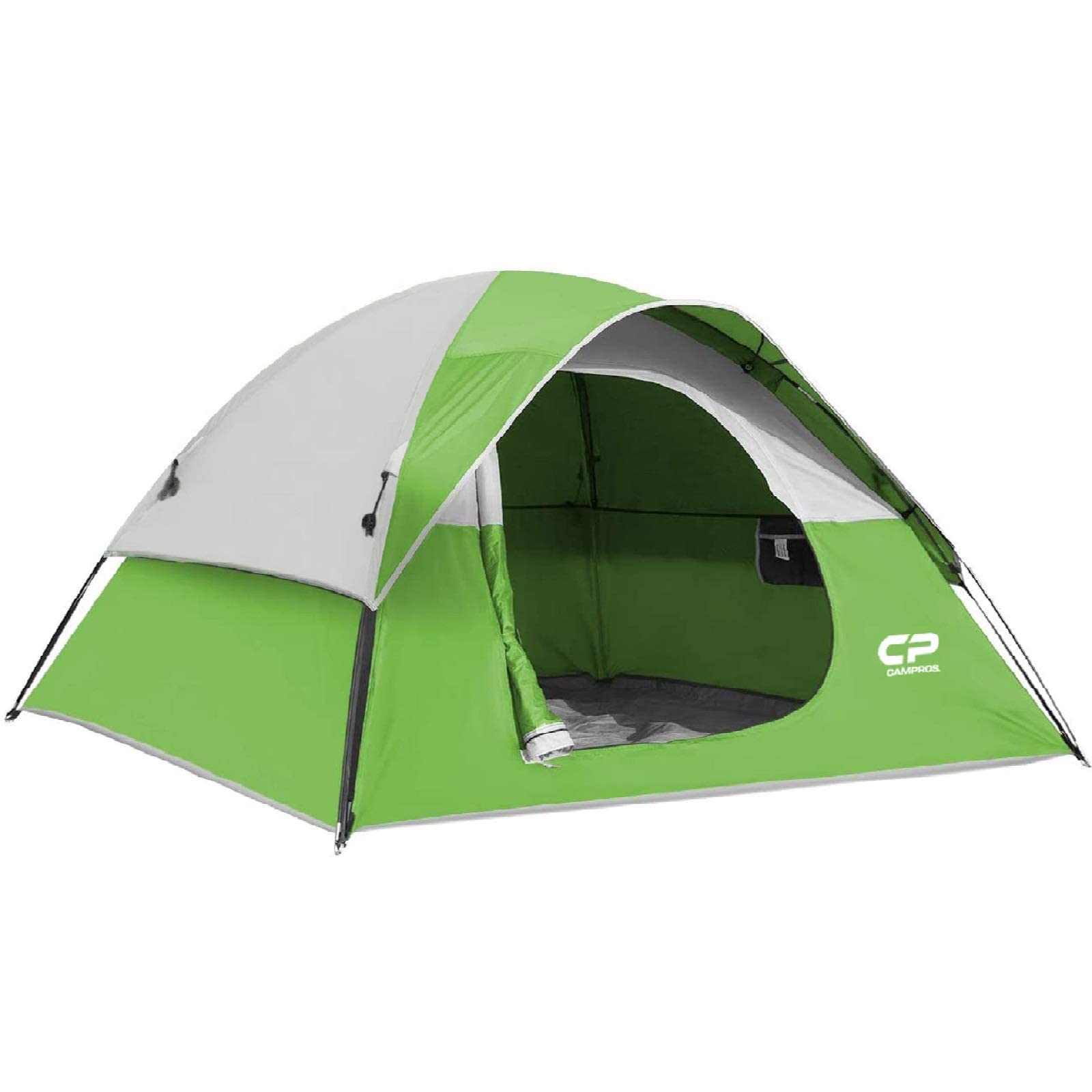CAMPROS CP tent green front view showing roomy 7x7 ft interior for three-person camping.