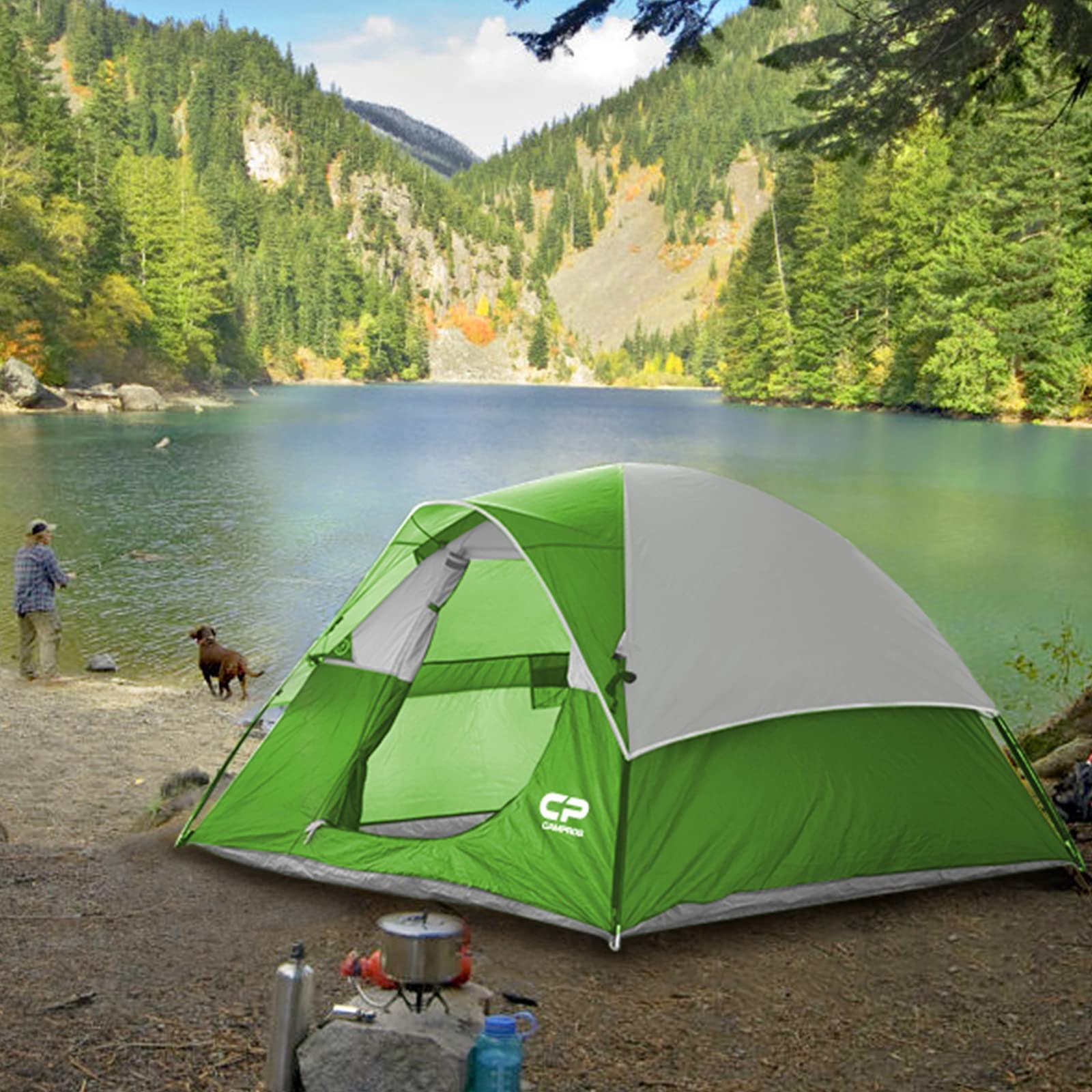 CAMPROS CP tent green interior with gear loft and lantern hook for organization.