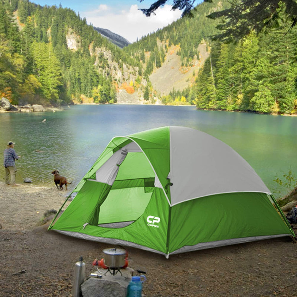 CAMPROS CP tent green interior with gear loft and lantern hook for organization.