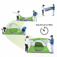 CAMPROS CP tent green side view demonstrating quick setup for two campers.
