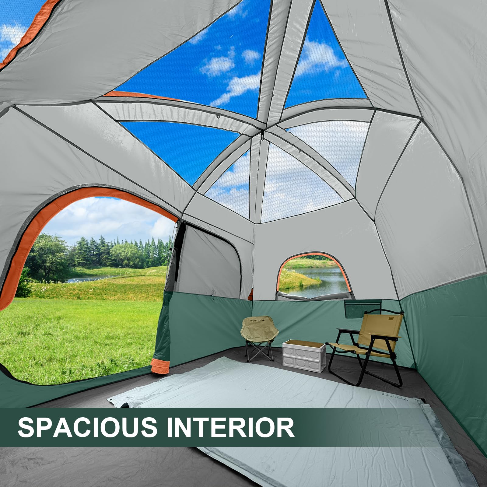 CAMPROS CP tent 6-person large mesh windows brighten and ventilate interior.
