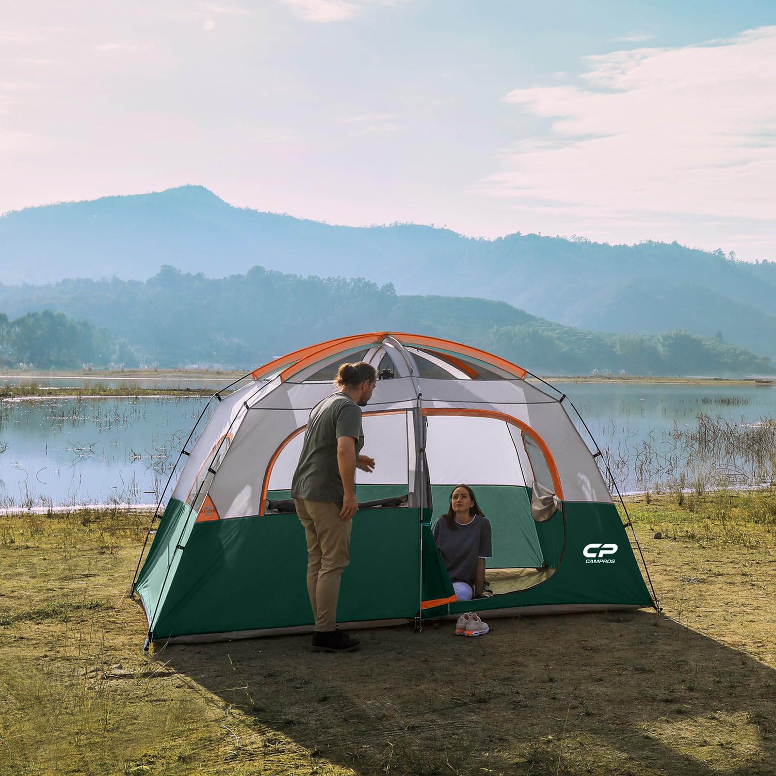 CAMPROS CP tent top rainfly adds weather protection and shade.