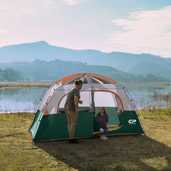 CAMPROS CP tent top rainfly adds weather protection and shade.