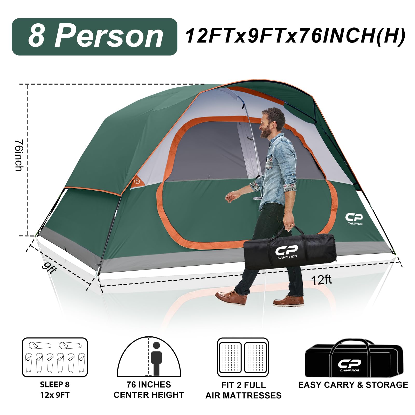 Campros CP tent interior with 76-inch height for standing comfort.