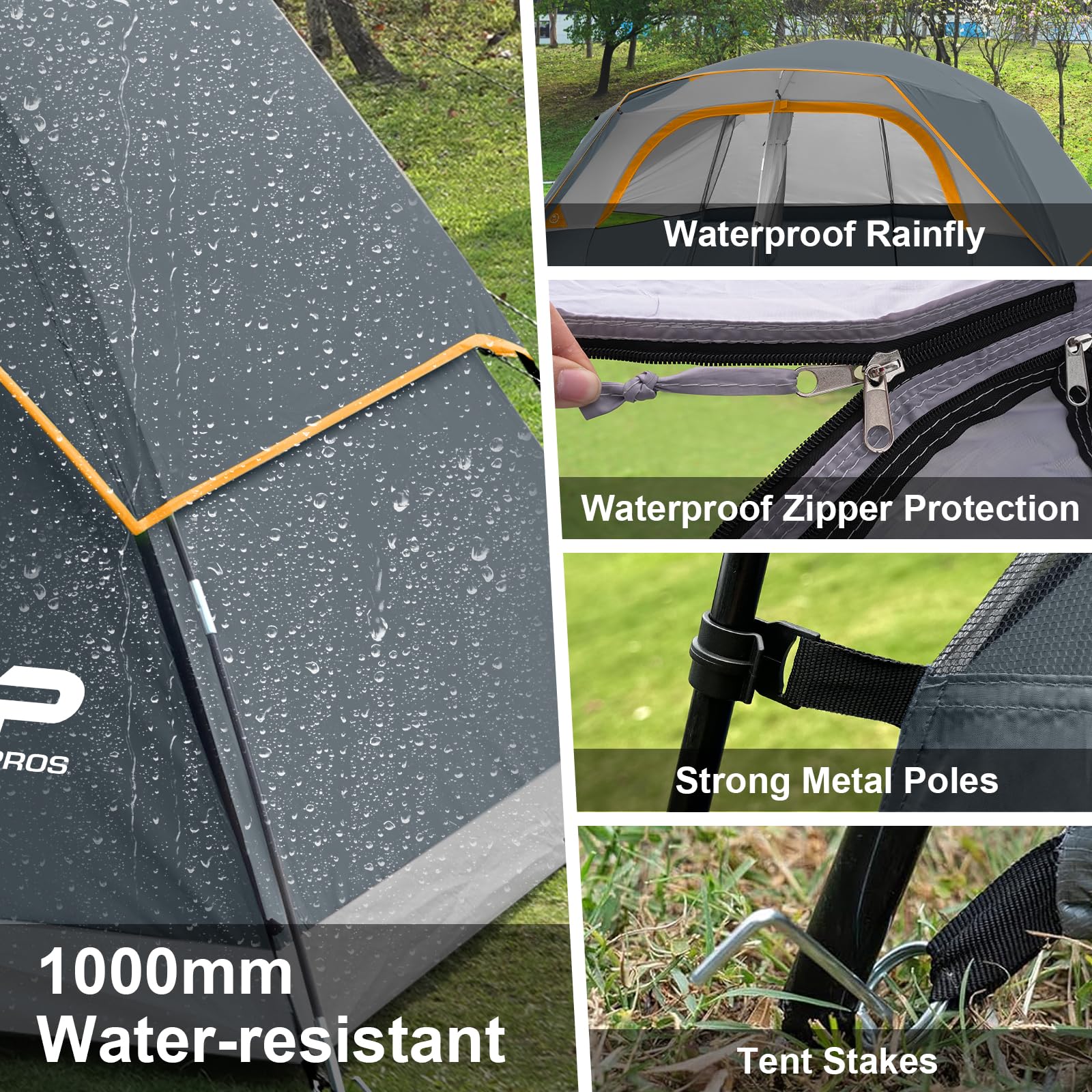 CAMPROS CP 8-person tent showing 76-inch interior height for standing space.