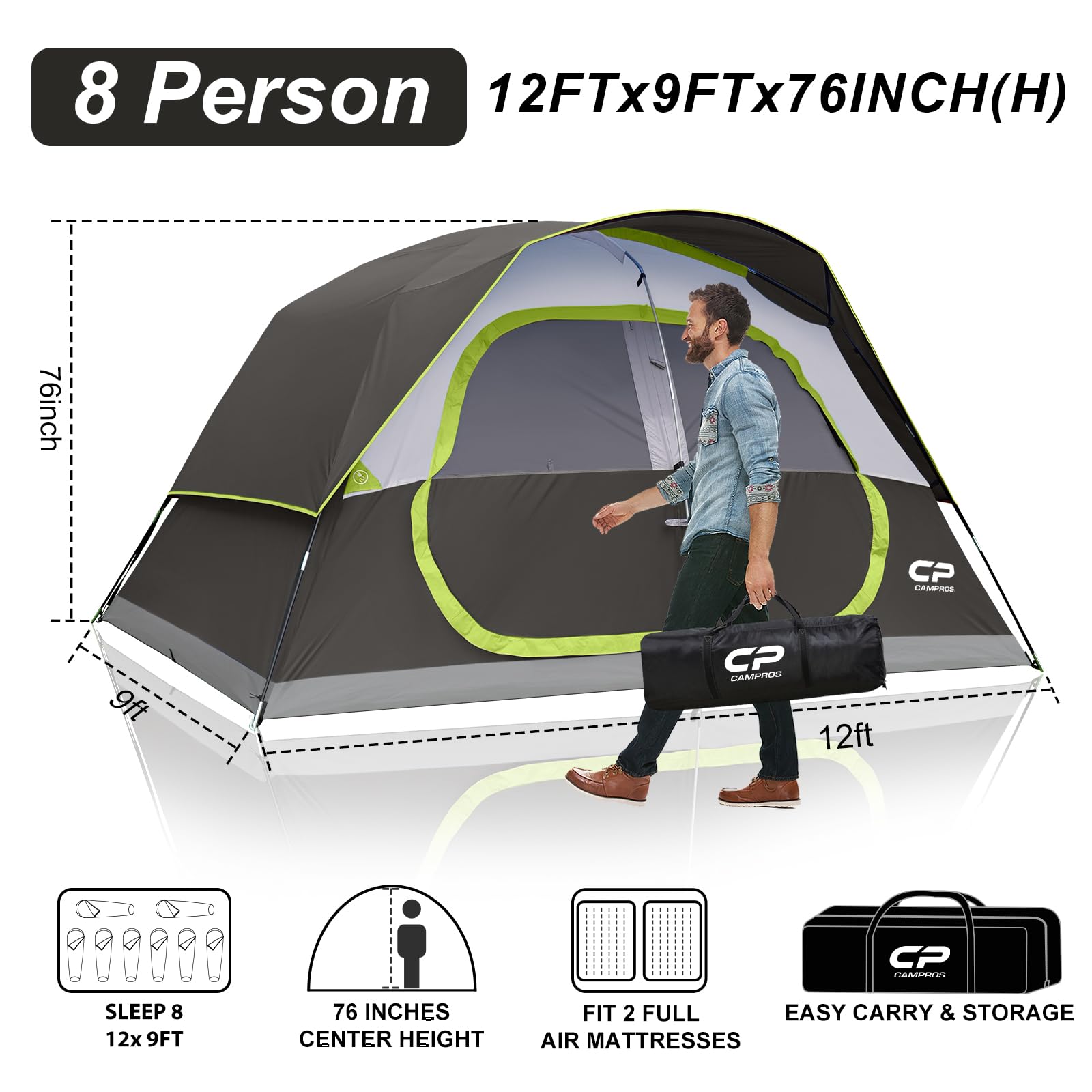 CAMPROS CP tent 8-person assembly close-up demonstrates 5-minute setup with pre-attached poles.