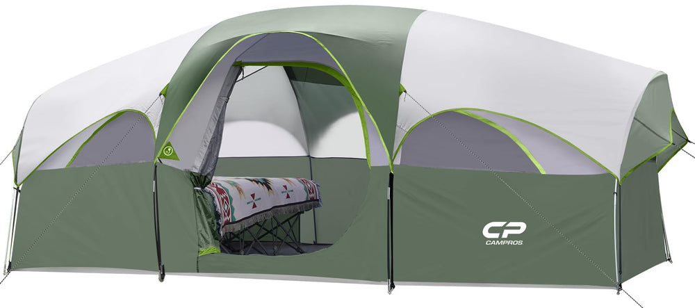 CAMPROS CP 8-person tent exterior view showing a weather-resistant shell for family camping