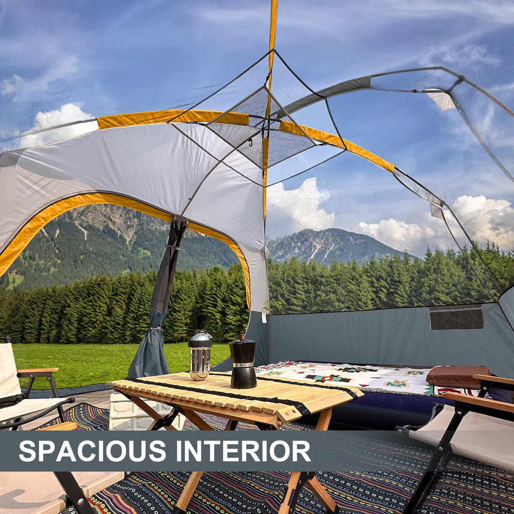 CAMPROS CP 8-person tent interior with gear pockets for organization.