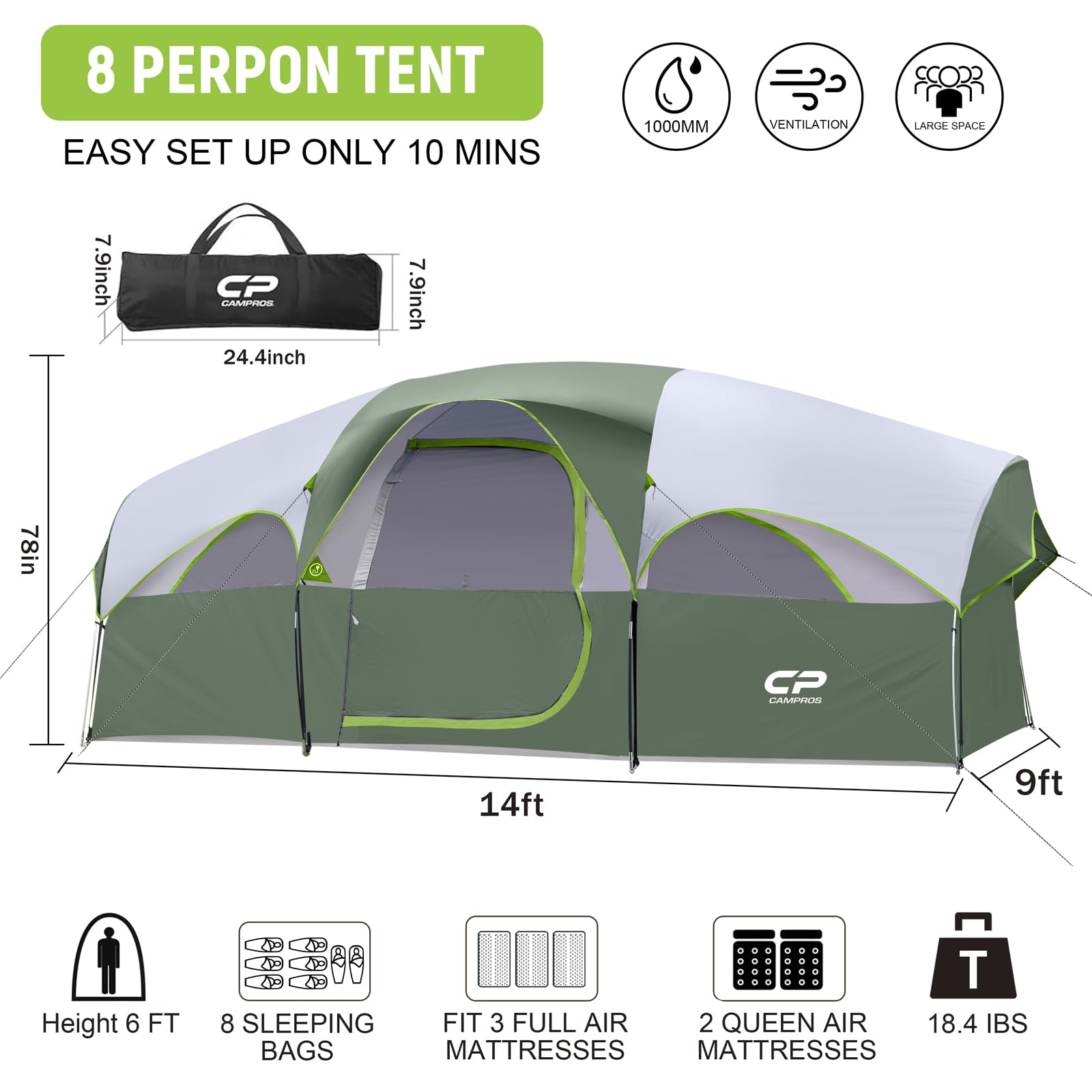 CAMPROS CP 8-person tent interior spacious view highlighting 72-inch center height for easy movement