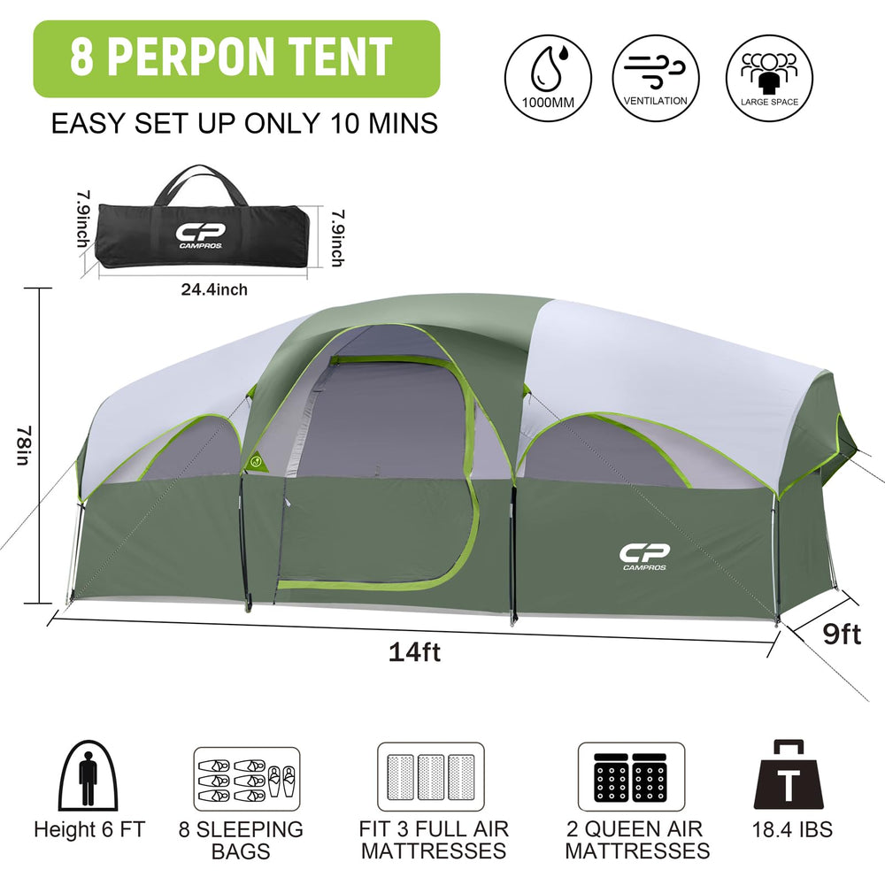 CAMPROS CP 8-person tent interior spacious view highlighting 72-inch center height for easy movement