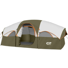 CAMPROS CP tent olive front view showing weather-ready exterior for family camping